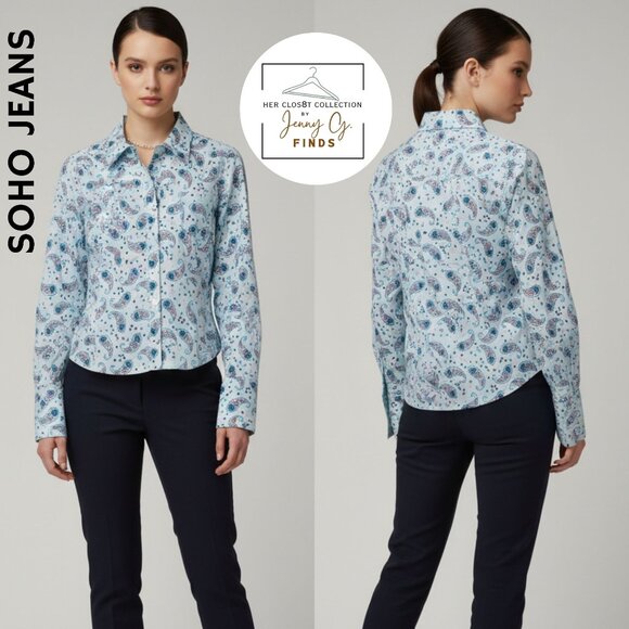 SOHO Jeans Womens Sky Blue Swirly Paisley Button-Up Shirt Jr. Sz Large NWT - Picture 1 of 16